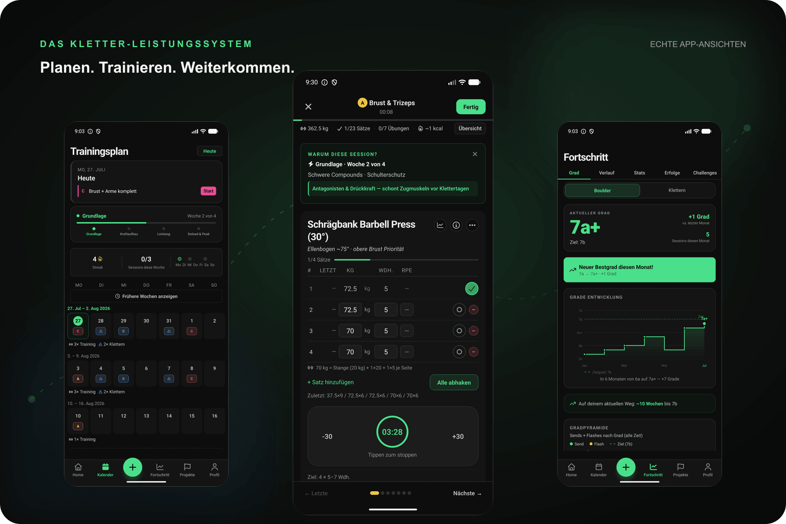 CragFit App im Dark Theme – Trainingsplan, Avatar-Cockpit und Fortschrittsanalyse