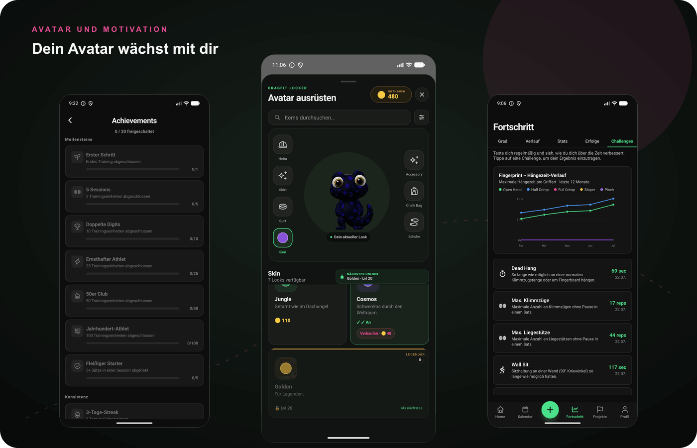 CragFit Avatar-Modul mit Erfolgen, Avatar-Cockpit und Shop