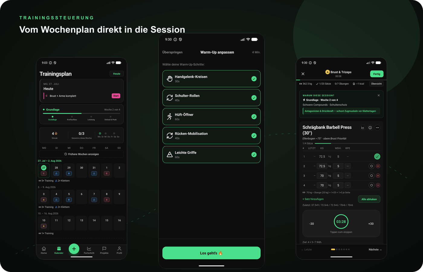 CragFit Trainingsmodul mit Kalender, Avatar-Cockpit und Schnellstart